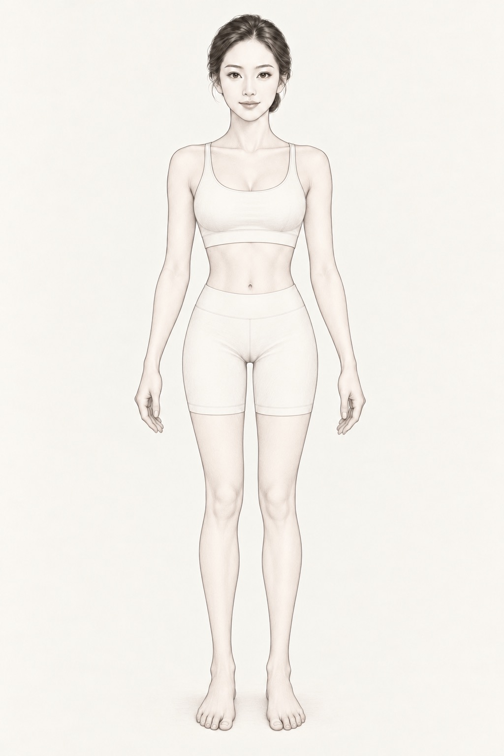 Original pencil illustration of an adult woman standing straight forward, shown completely from head to feet