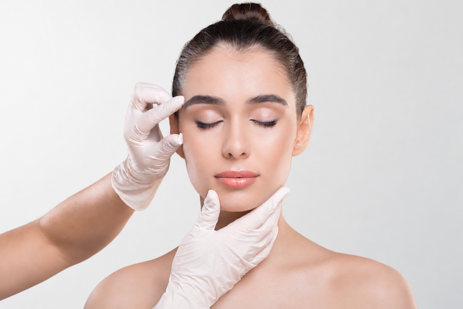 Illustrative photograph of a facial assessment with gloved hands